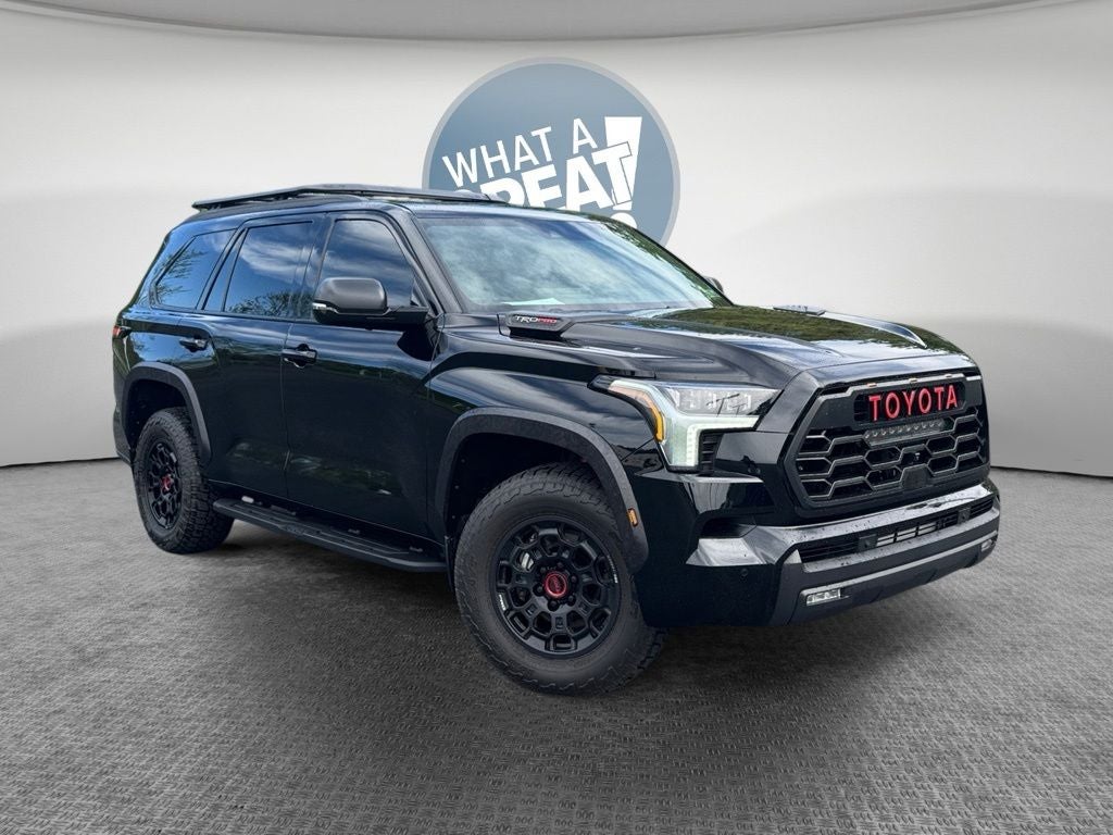 2026 Toyota Sequoia TRD Pro in Midnight Black Metallic — front three-quarter view